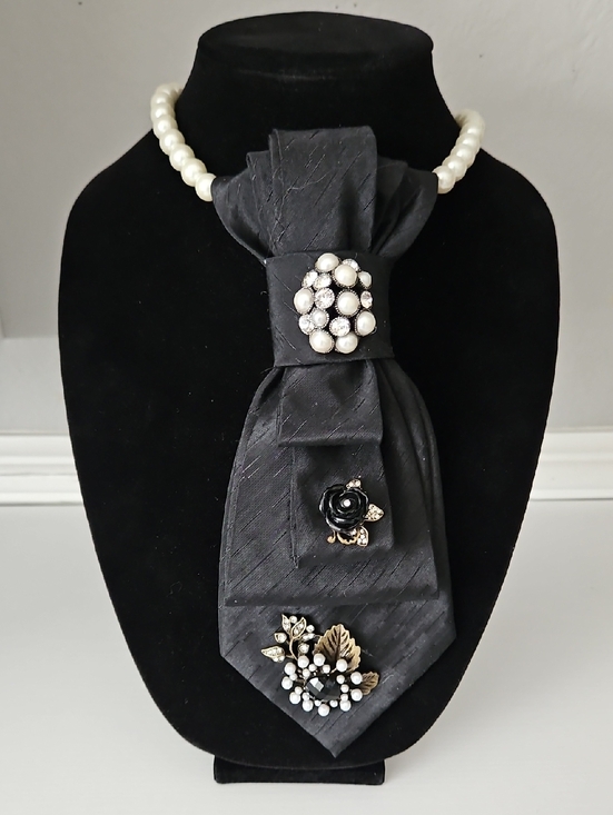 Jewelry - Black Upcycled Necktie Necklace with a Black Rose and Pearls